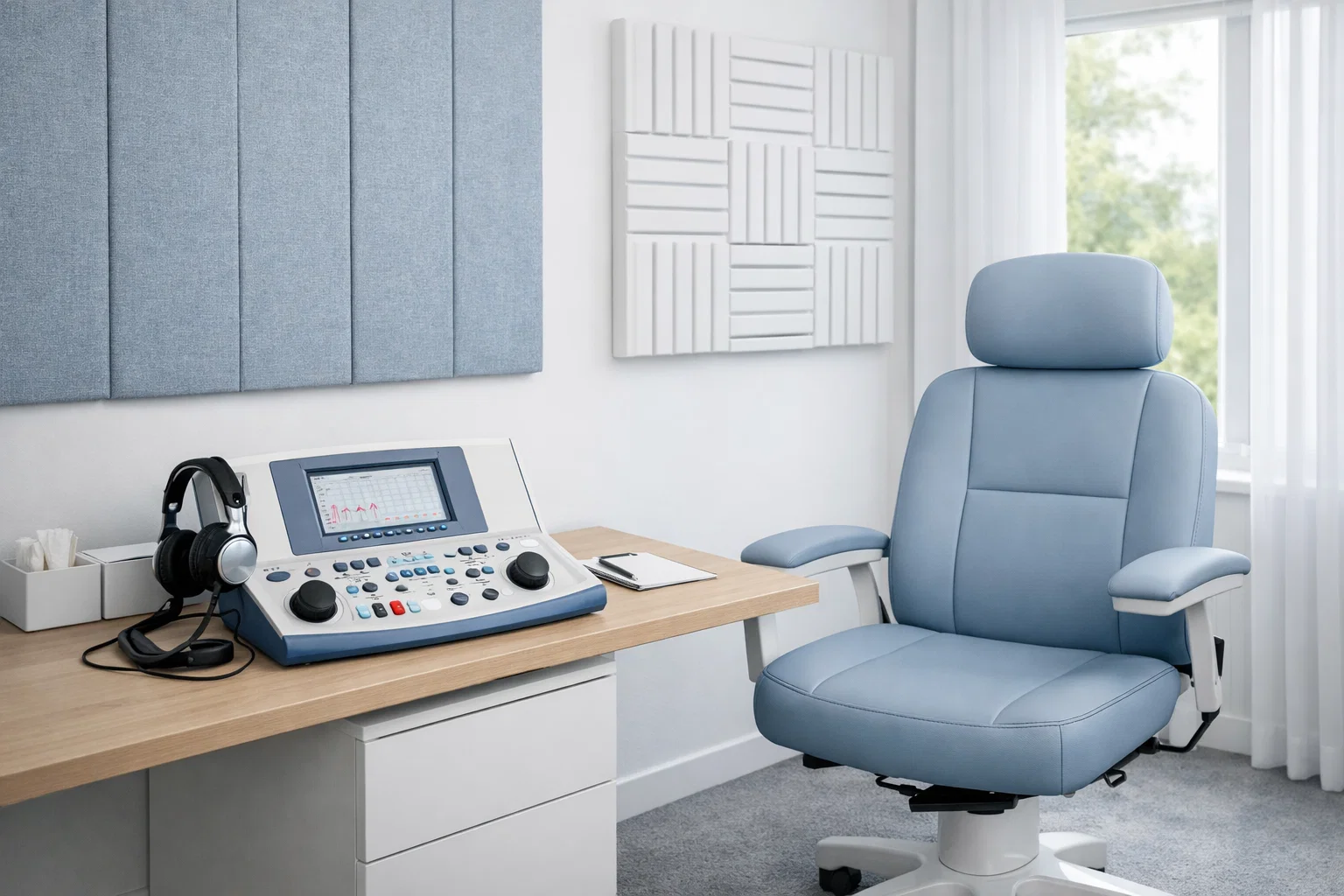 Modern medical audiometry testing room with acoustic panels, professional audiometer device on desk, comfortable patient chair, soft blue and white color scheme, natural window light, minimalist medical interior design