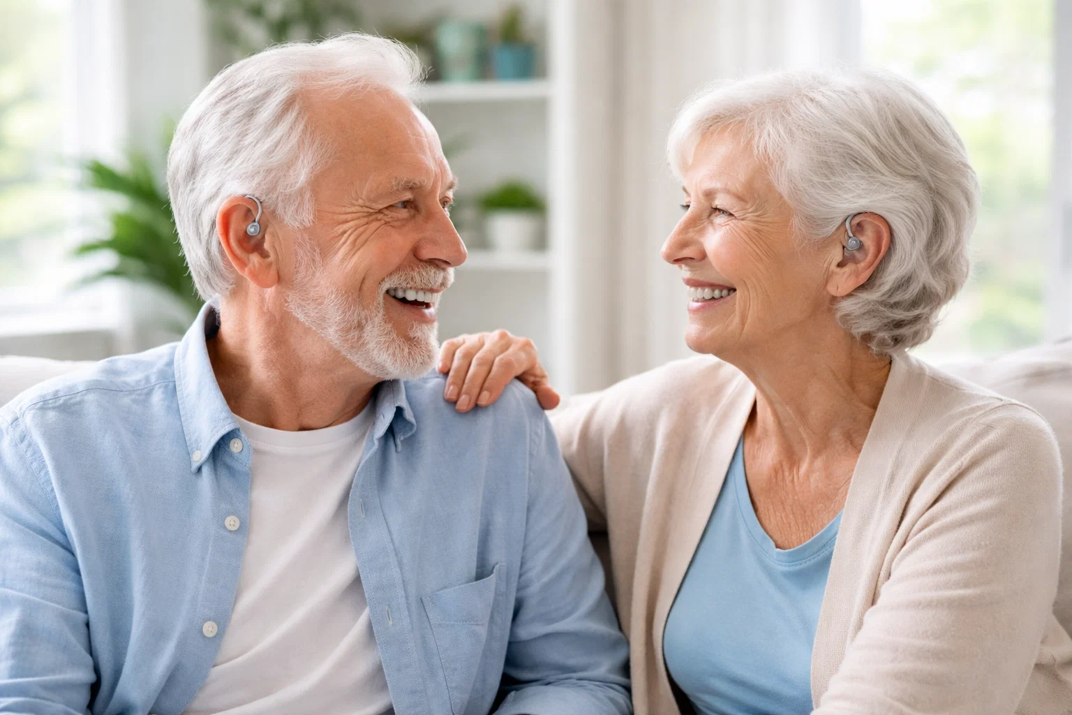 Happy senior couple wearing modern hearing aids, sitting together in bright living room, smiling and having conversation, light blue and white interior, natural daylight, lifestyle photography style